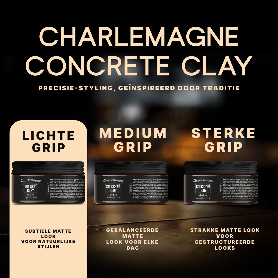 Drie potten Charlemagne Concrete Clay met verschillende gripniveaus: Licht, Medium, Sterk.