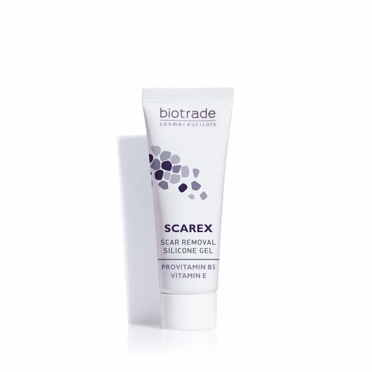 Witte tube met productnaam en logo. Opschrift: Scarex siliconengel. Met provitamine B5 en vitamine E.