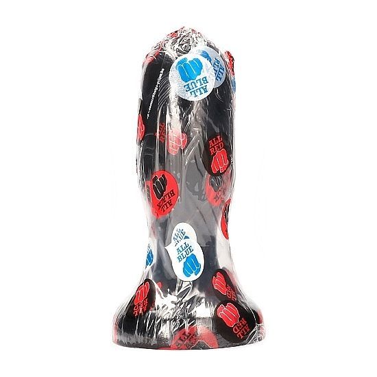 Buttplug noir emballé dans du film plastique, avec des autocollants rouges et bleus.
