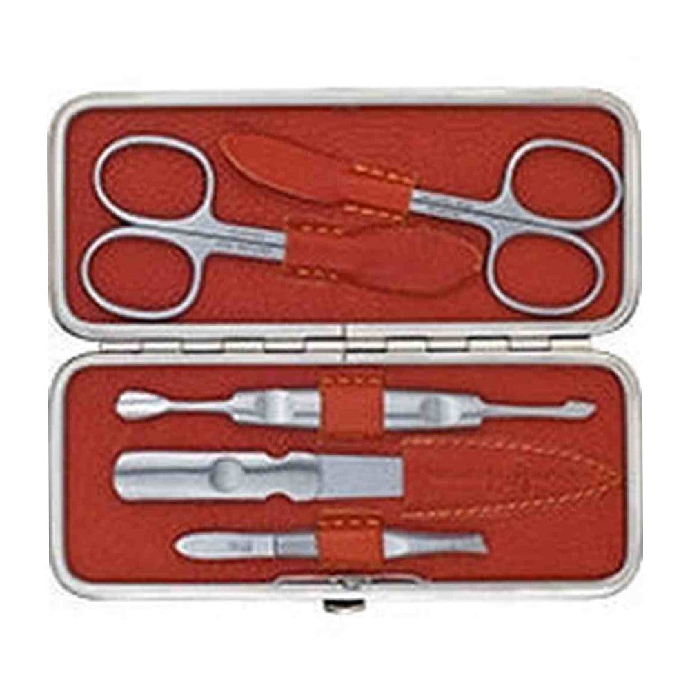 Open rode etui met manicure- en pedicuregereedschap. Bevat schaar, vijl, nagelknipper en meer.