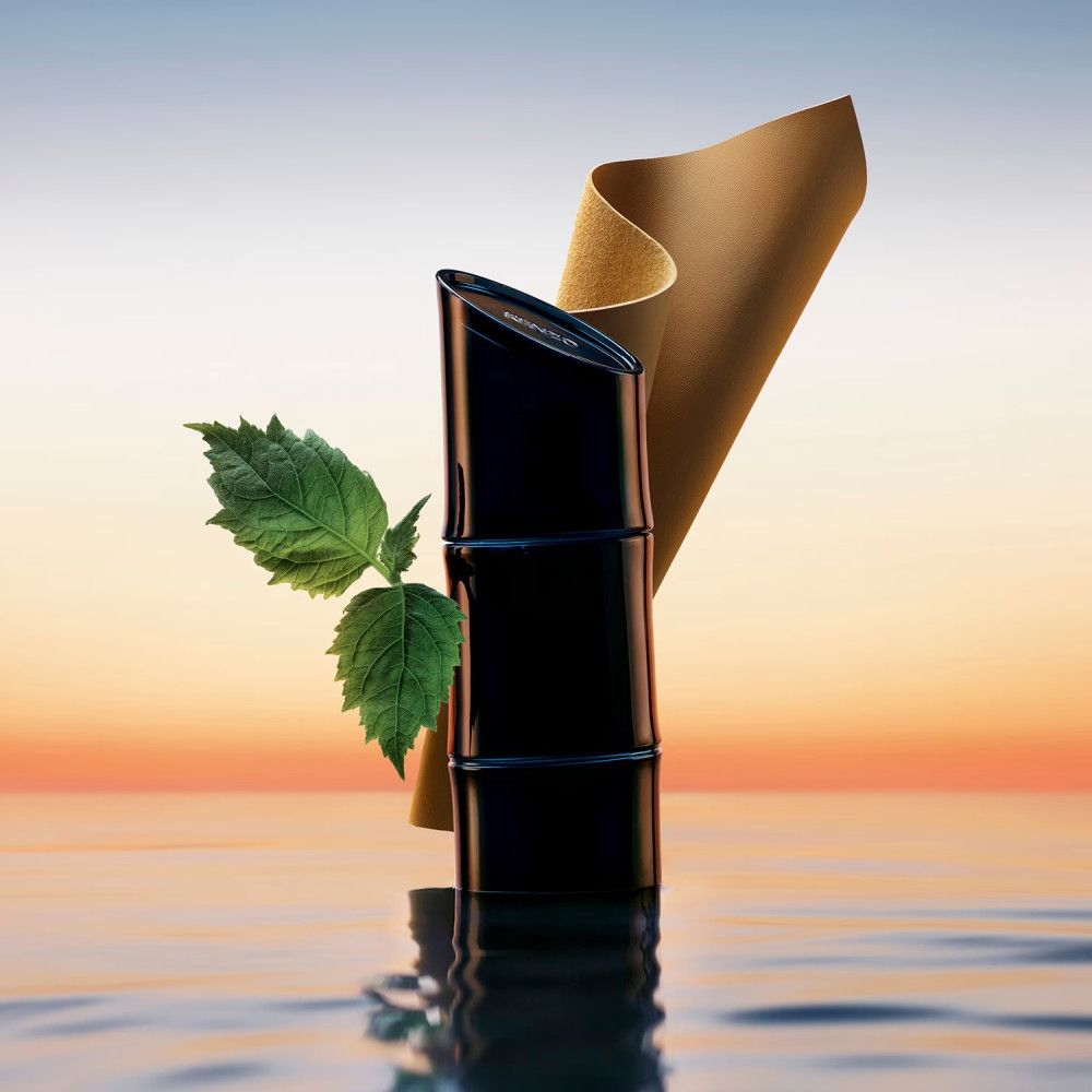 Flacon de parfum noir en forme de bambou. Feuille et morceau de cuir. Eau. Fond de coucher de soleil.
