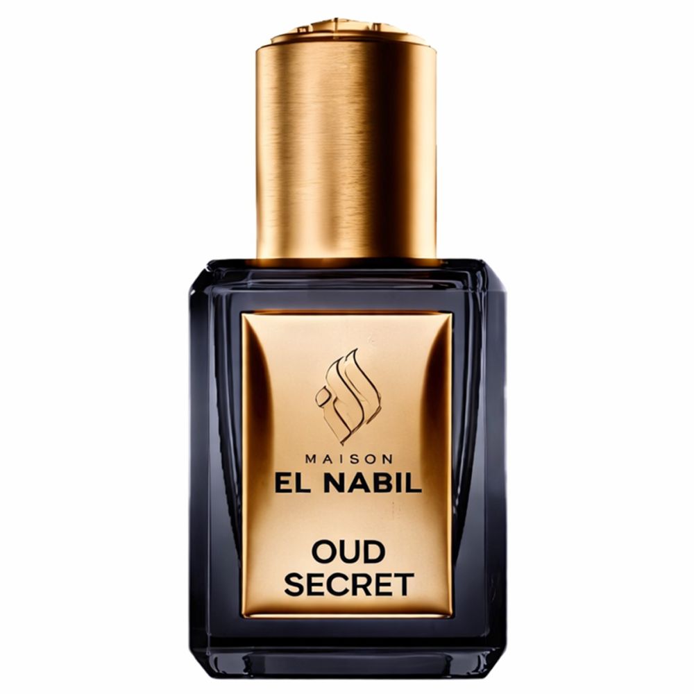 Donkere glazen fles met gouden dop. Gouden etiket met "EL NABIL OUD SECRET".