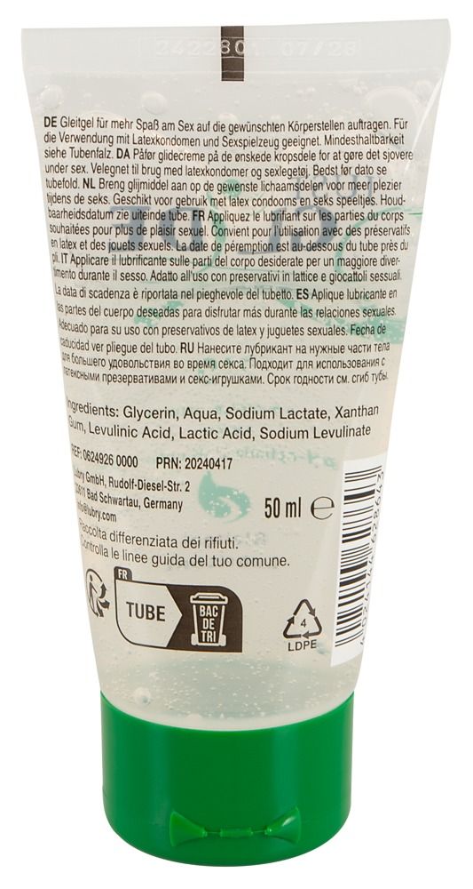 Tube de lubrifiant avec bouchon vert. Inscription : Just Glide Bio. Végétalien et pH optimisé. Avec sceau dermatest.