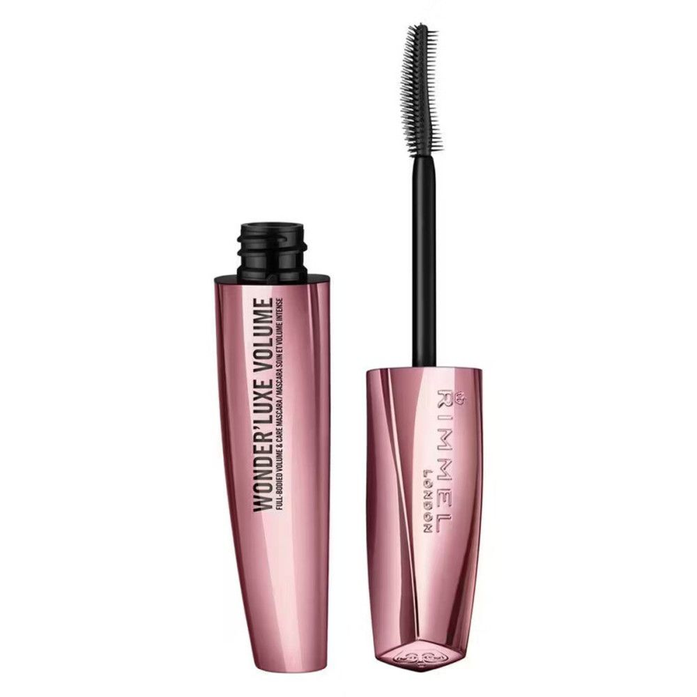 Mascara Rimmel London Wonder'Luxe Volume. Étui rose, brosse noire. Capuchon ouvert.