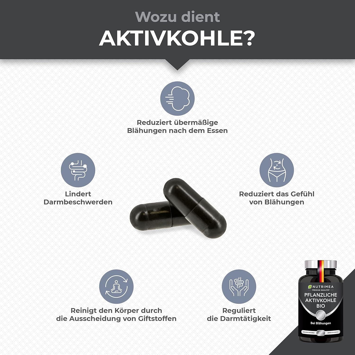 Twee zwarte capsules. Infographic: Vermindert een opgeblazen gevoel, verlicht darmklachten, reinigt, reguleert de darmwerking.