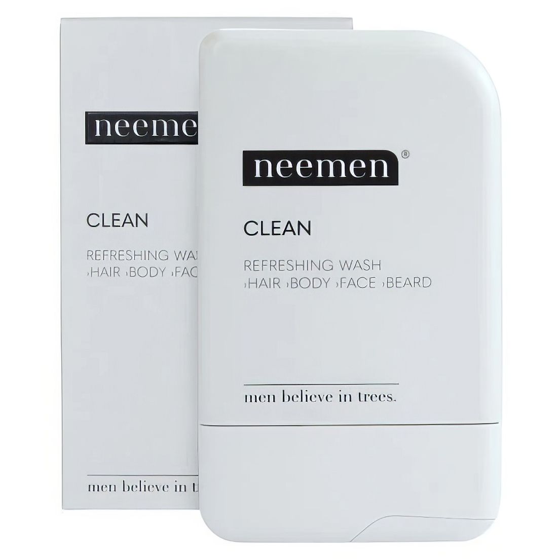 Produit blanc avec texte noir "neemen CLEAN". Texte en dessous: "Refreshing Wash Hair Body Face Beard". Emballage à côté.
