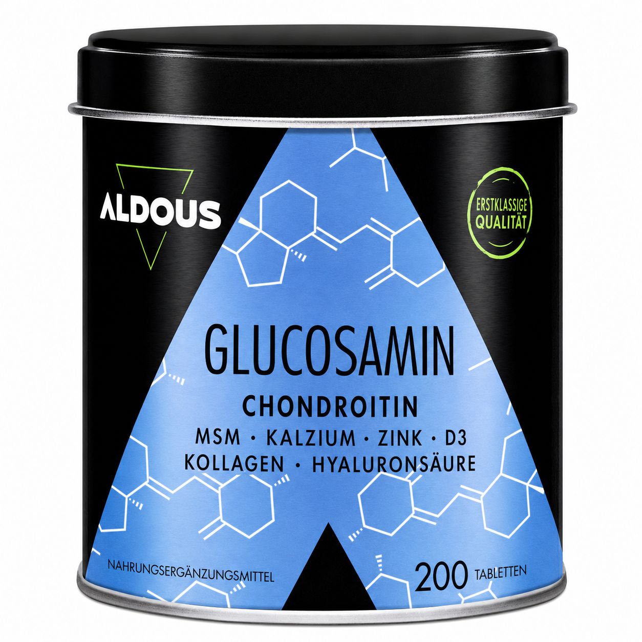 Boîte Aldous Glucosamin Chondroitin Tabletten avec formules chimiques et labels de qualité.