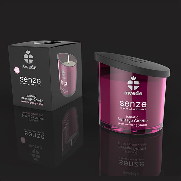 Roze massagekaars met zwarte deksel. Verpakking: zwarte doos. Opschrift: Swede Senze, Ecstatic Massage Candle, Jasmin Ylang Ylang.