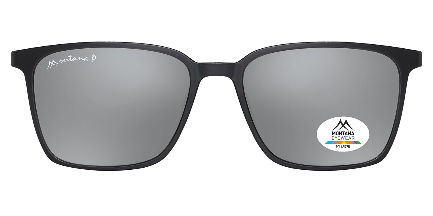Zwarte zonnebril met zilverkleurige glazen. Montana Eyewear logo op de linker poot. Kwaliteitslogo op het rechter glas.
