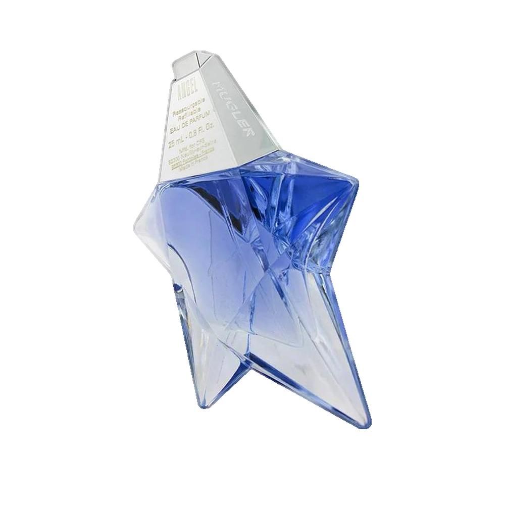 Blauwe parfum in stervormige fles met zilverkleurige dop. Fles licht gekanteld.
