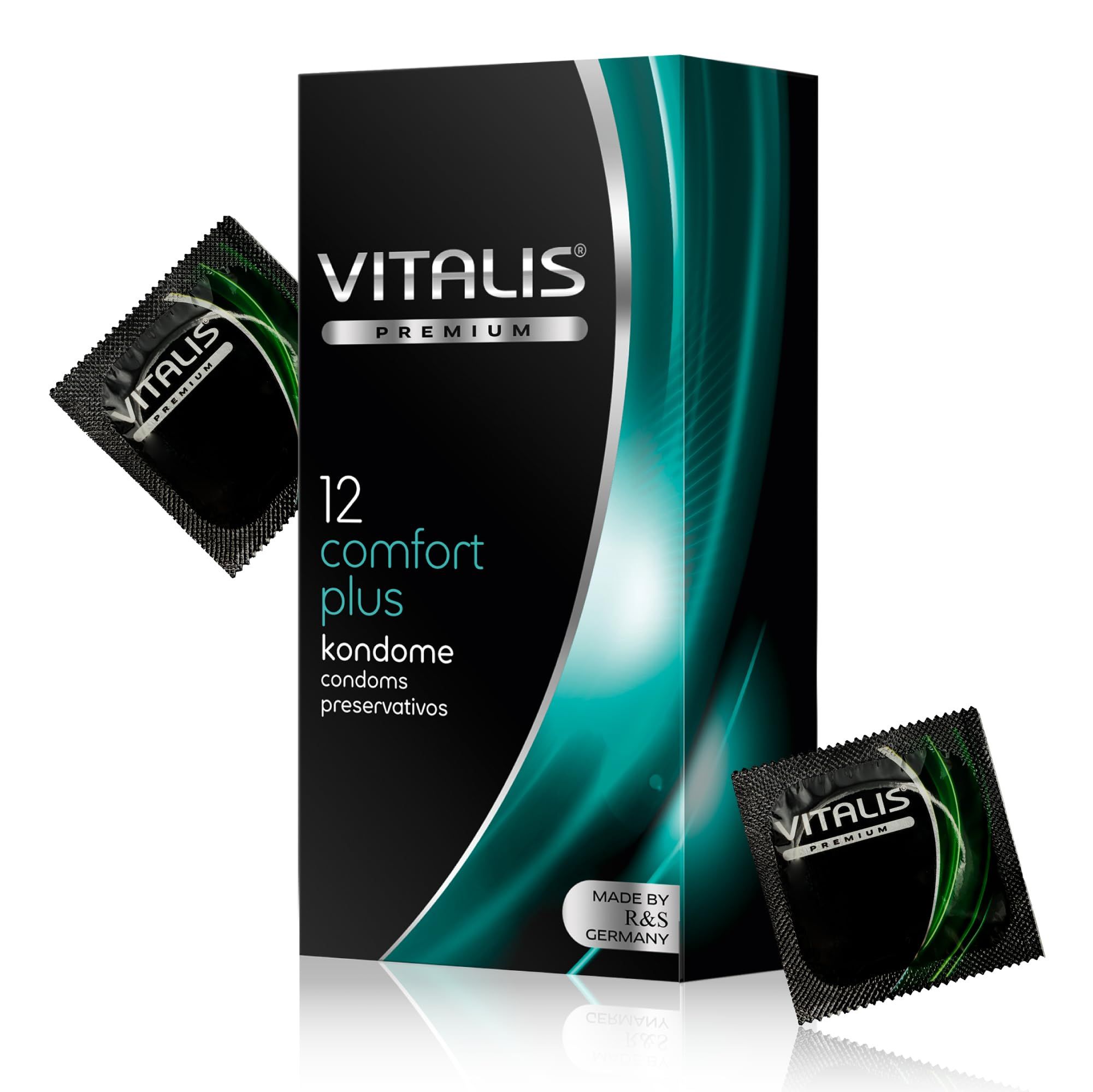 Vitalis Kondome Comfort Plus, paquet de 12. Préservatifs emballés individuellement avec informations produit.