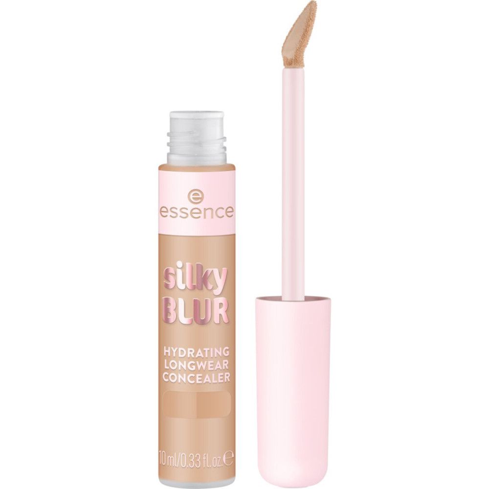 Beige concealer tube met roze dop en applicator. Opschrift: Silky Blur, Hydrating Longwear Concealer. Merk Essence.