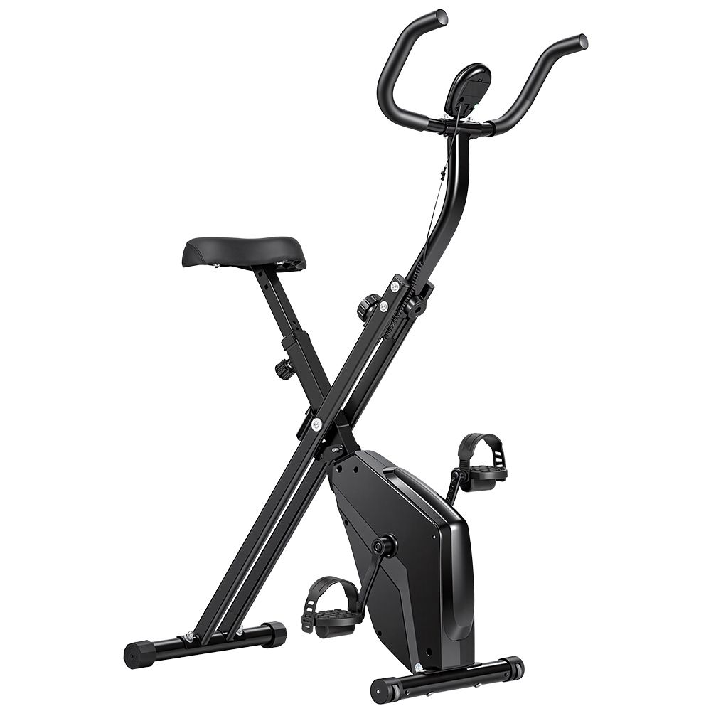 Vélo d'appartement pliable noir. Selle, guidon, pédales et écran. Cadre métallique. Vue détaillée.