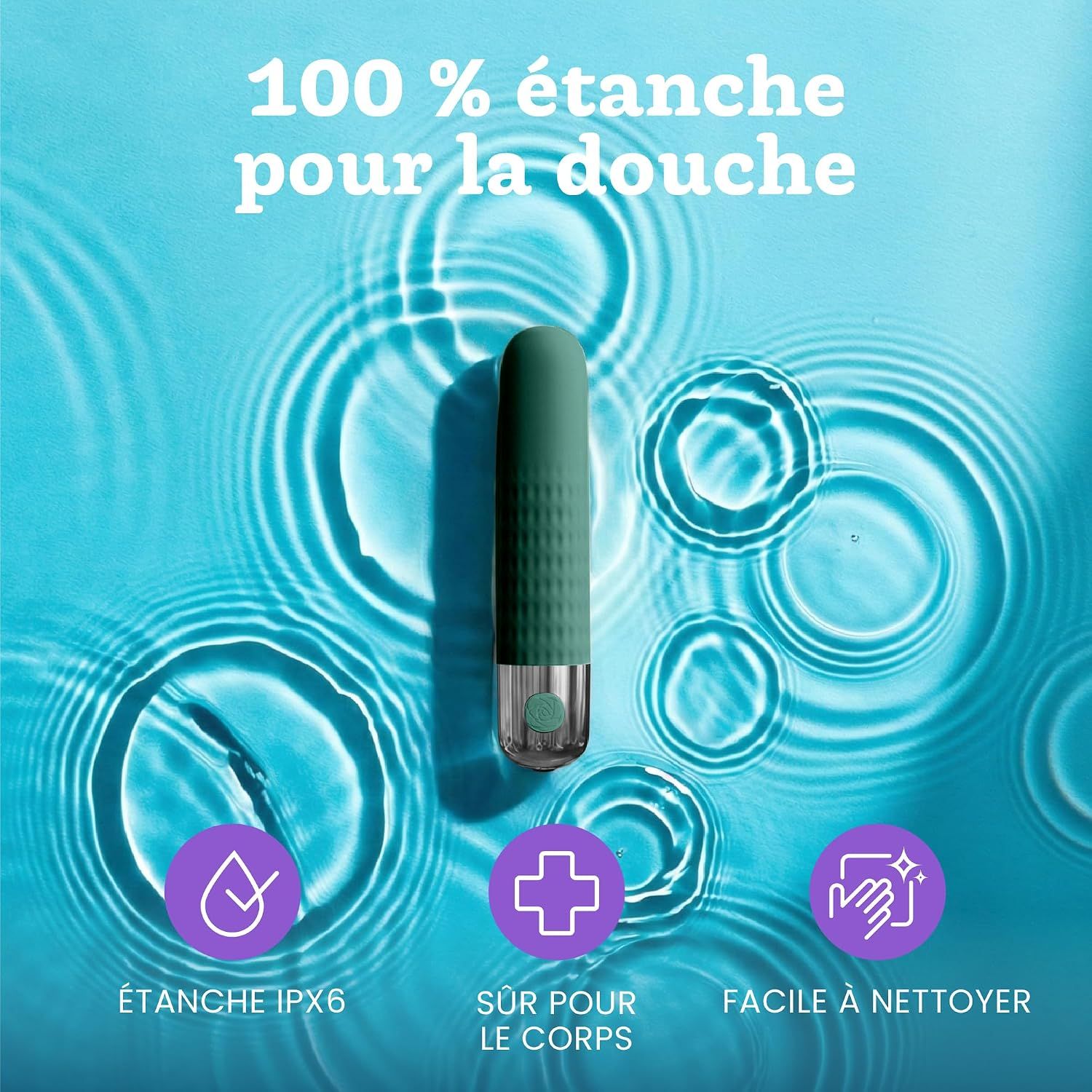 Vibrateur vert étanche, surface côtelée, anneau métallique à l'extrémité.