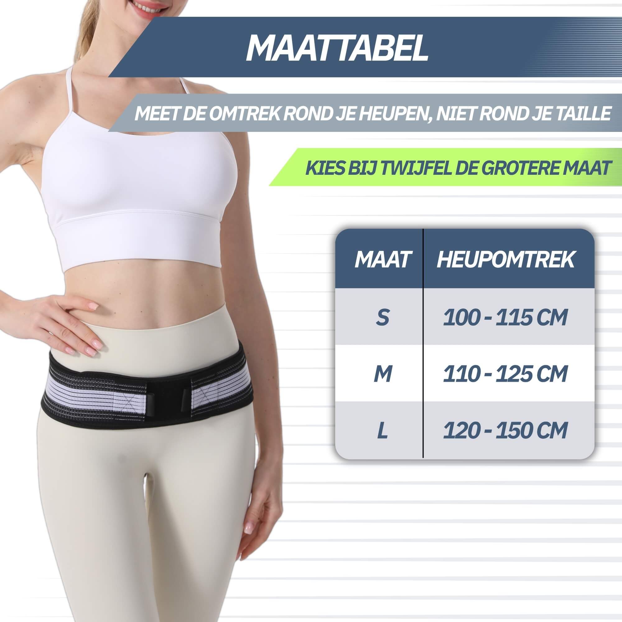 Maattabel voor heupgordel: S (100-115 cm), M (110-125 cm), L (120-150 cm).