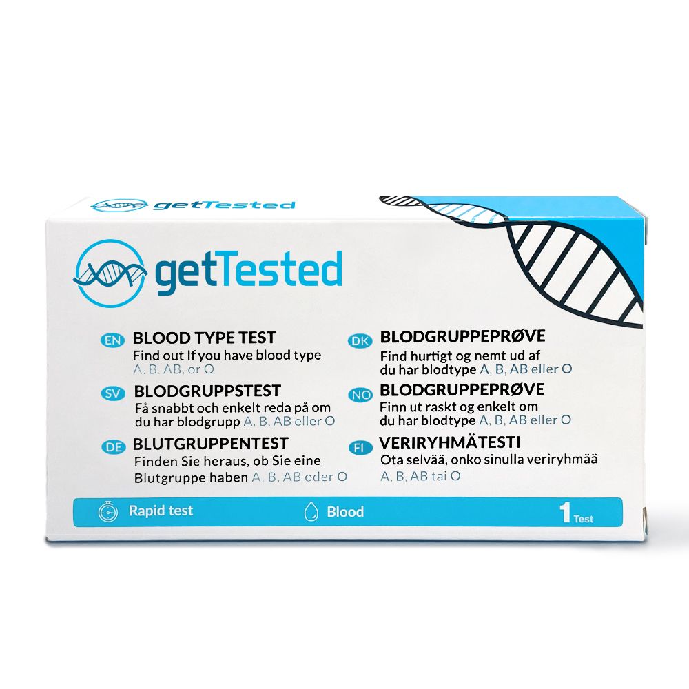 Bloedgroep testdoos met logo en tekst in verschillende talen. Bevat informatie over bloedgroepen A, B, AB of O.