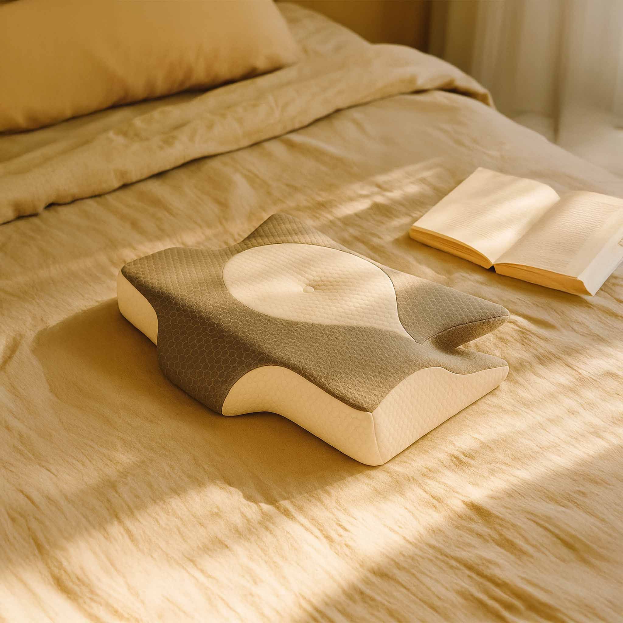 Orthopedisch nekkussen op bed. Grijs-wit ontwerp. Boek ernaast.