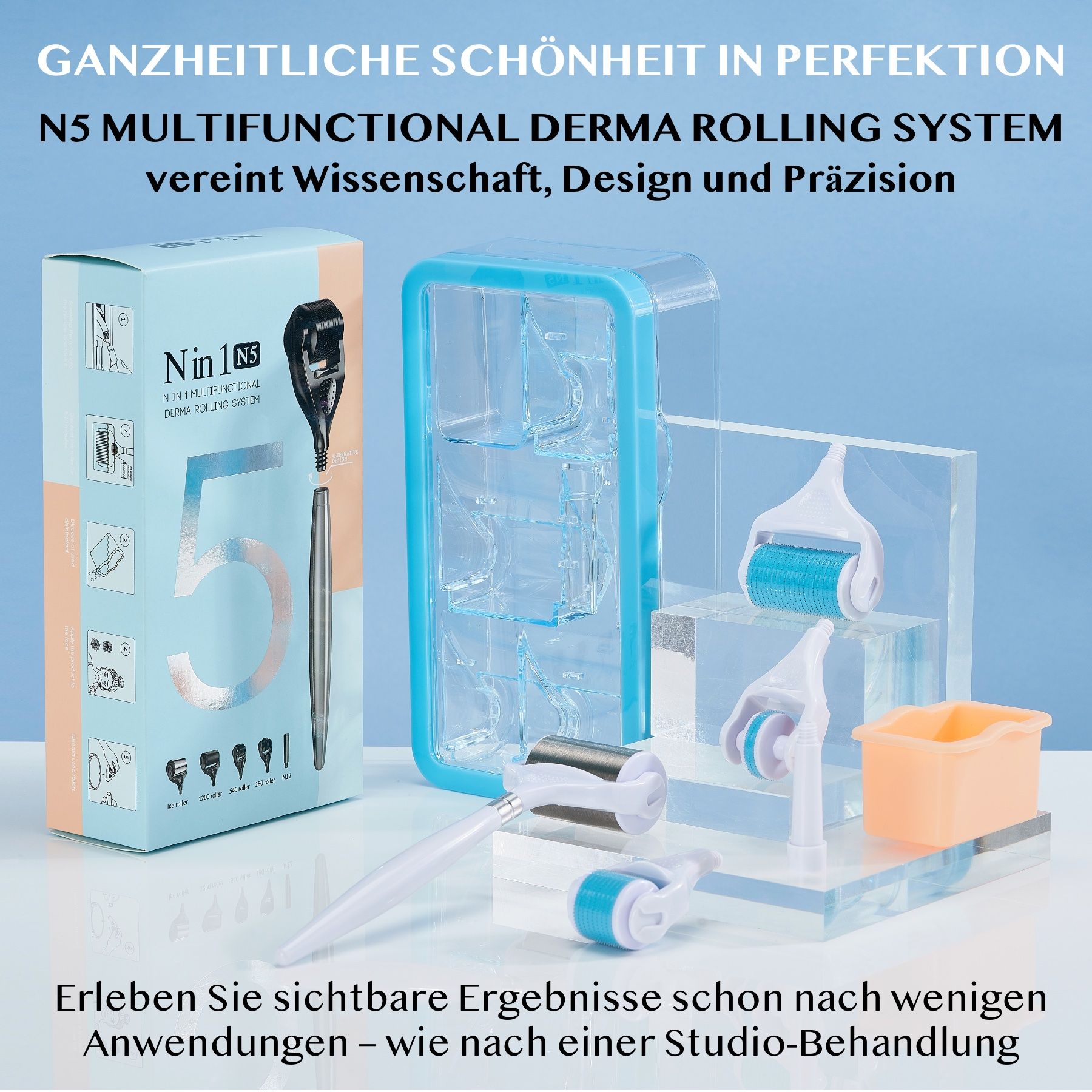 Derma roller set met verschillende opzetstukken en accessoires. Verpakt in een doos met productnaam en 5-in-1 functie.