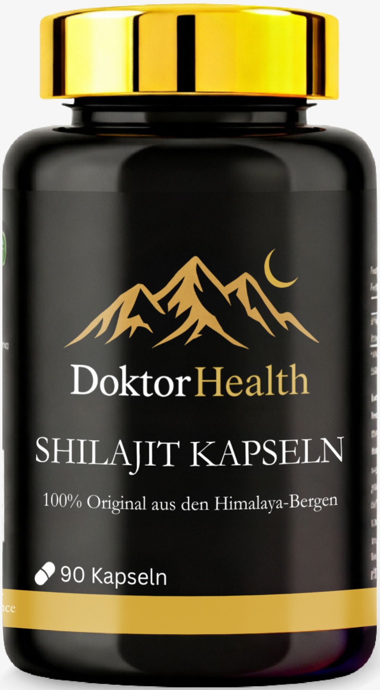 Flacon noir avec couvercle doré. Étiquette avec logo Doktor Health, gélules de Shilajit, 100% original des montagnes de l'Himalaya, 90 gélules.