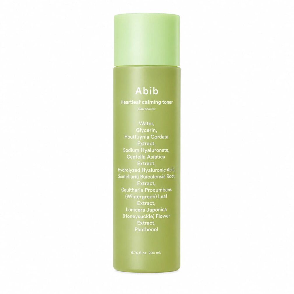 Abib Heartleaf toner apaisant, 200ml. Flacon vert avec étiquette blanche listant les ingrédients.