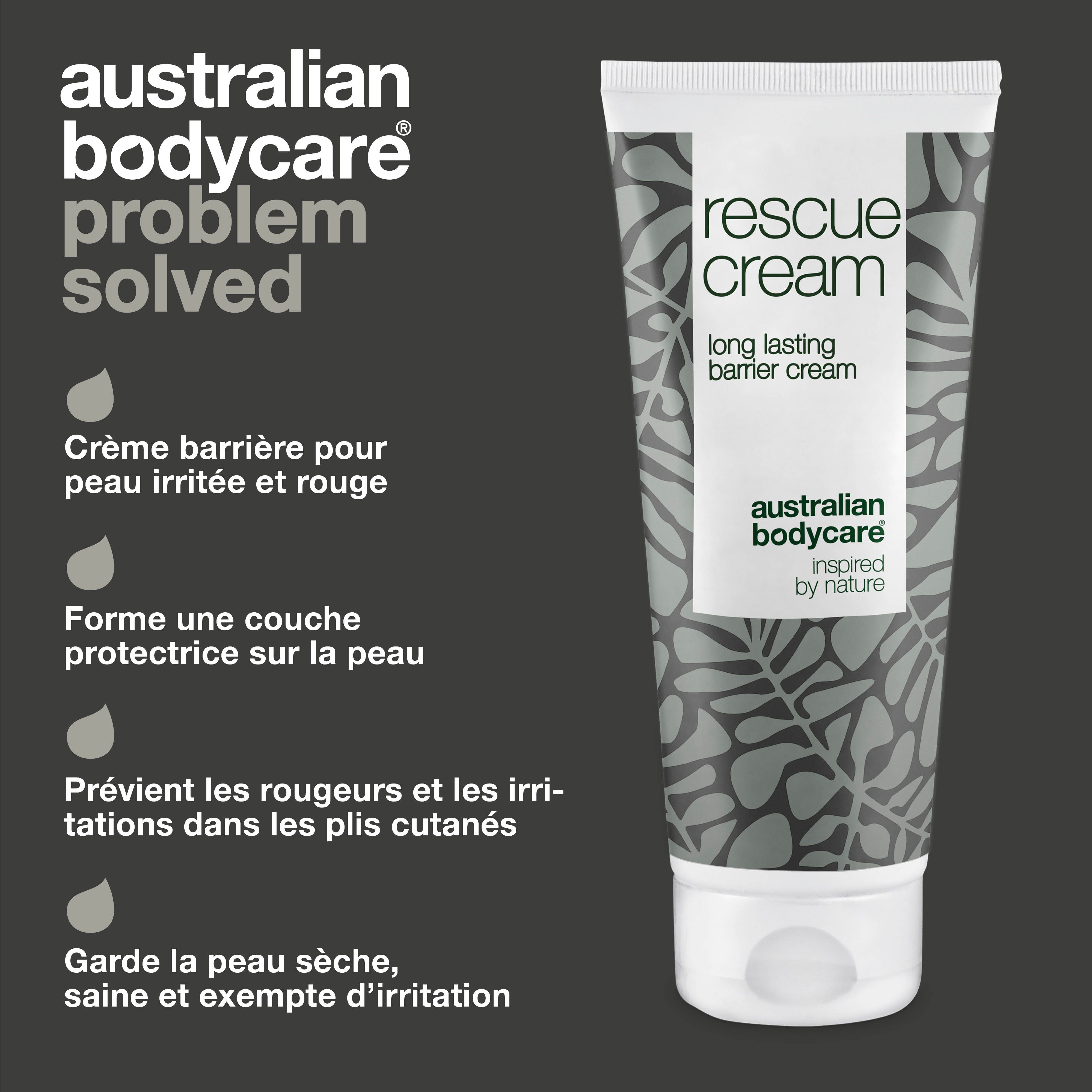 Comparaison: problème et solution. Tube de crème barrière. Texte: rescue cream, australian bodycare.