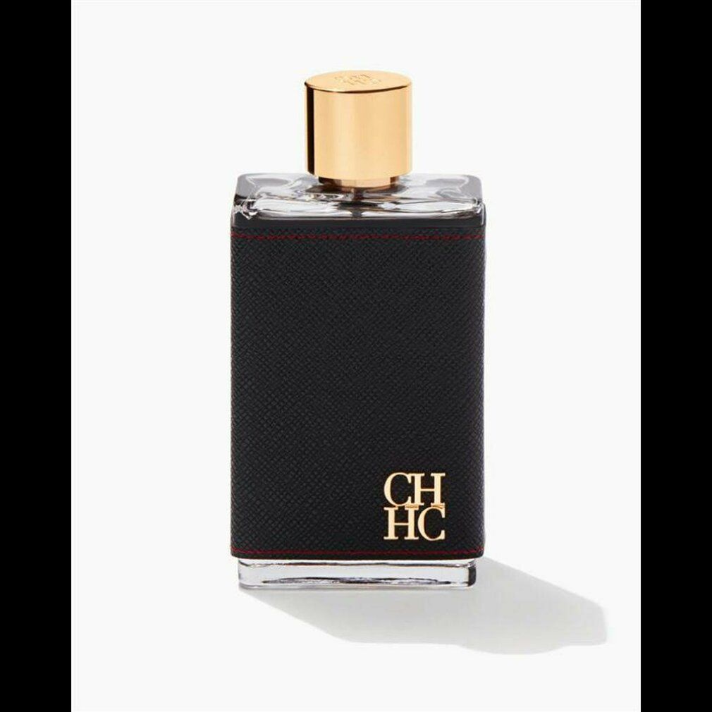 Eau de Toilette fles met zwart imitatieleer, rode stiksel en gouden dop. CH HC logo.
