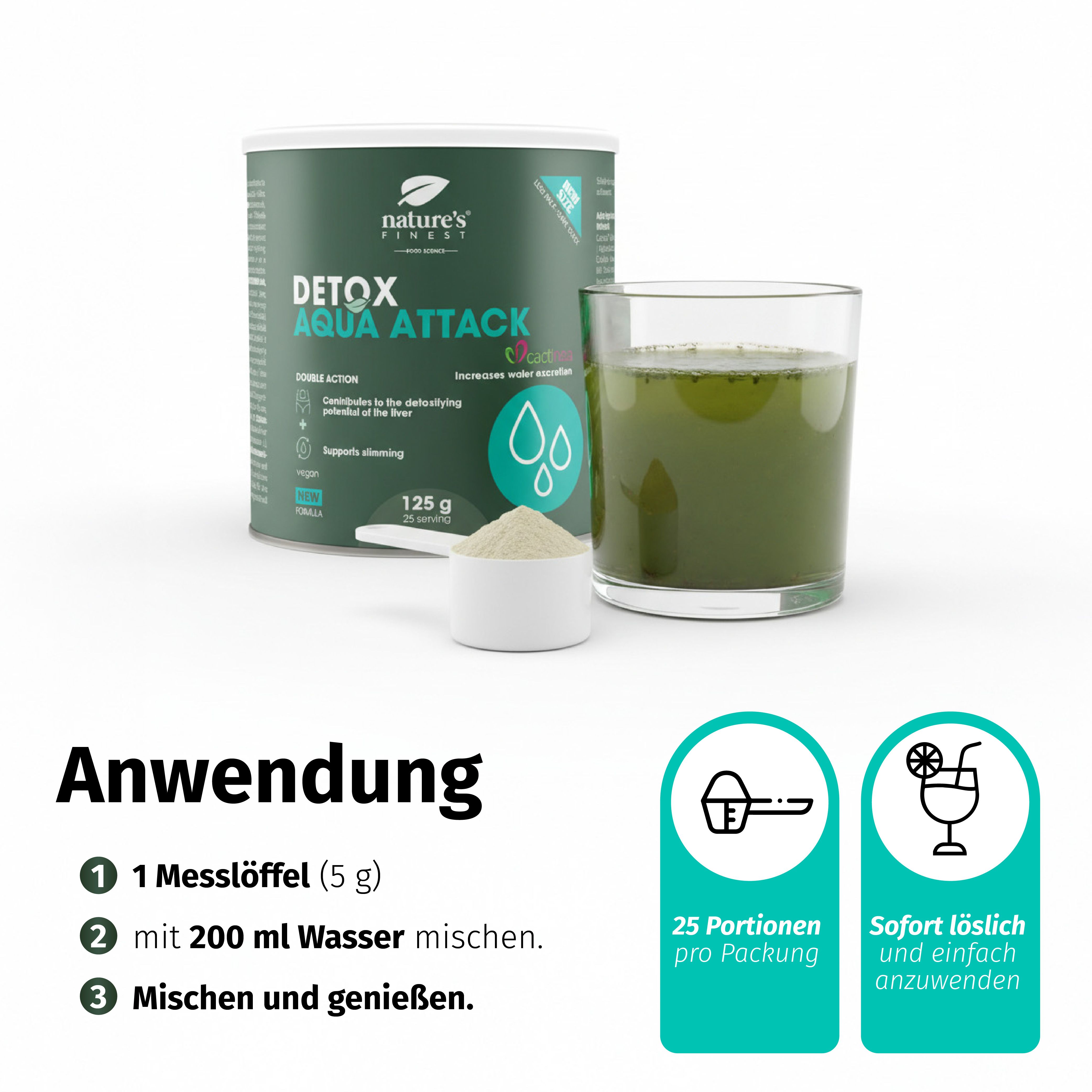 Boîte Nature's Finest Detox Aqua Attack, cuillère doseuse et boisson préparée dans un verre.