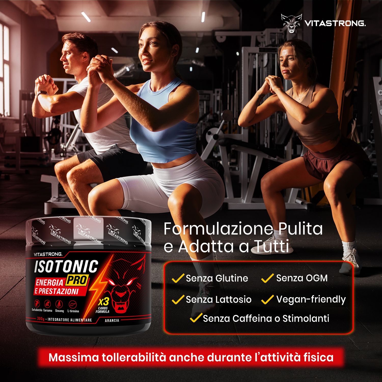 Drie mensen trainen. Pot Vitastrong Isotonic PRO. Tekst: Zuivere formule, geschikt voor iedereen. Glutenvrij, GMO-vrij, veganistisch.