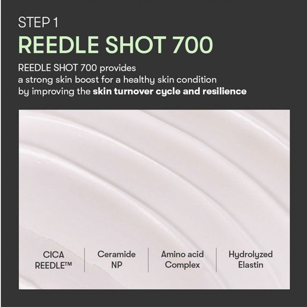 Tekstvak met opschrift: REEDLE SHOT 700. Tekst beschrijft effect op de huid. Ingrediënten: Cica Reedle, Ceramide NP.