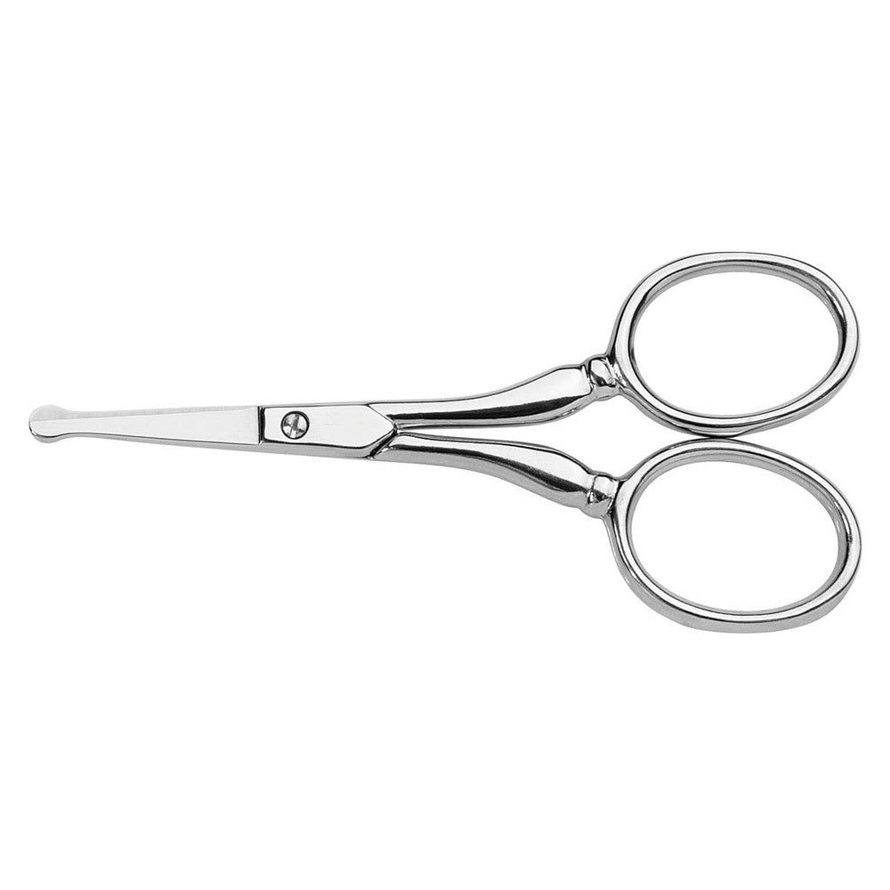 Vernikkelde neushaarschaar. Zilverkleurig, afgeronde punten, ovale ringen. Scharnier met schroef.