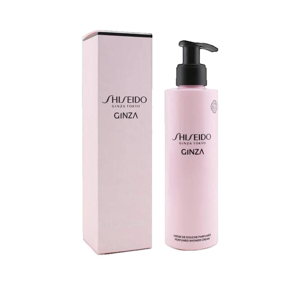 Flacon rose avec pompe noire et boîte. Inscription: Shiseido Ginza. Crème de Douche Parfumée.