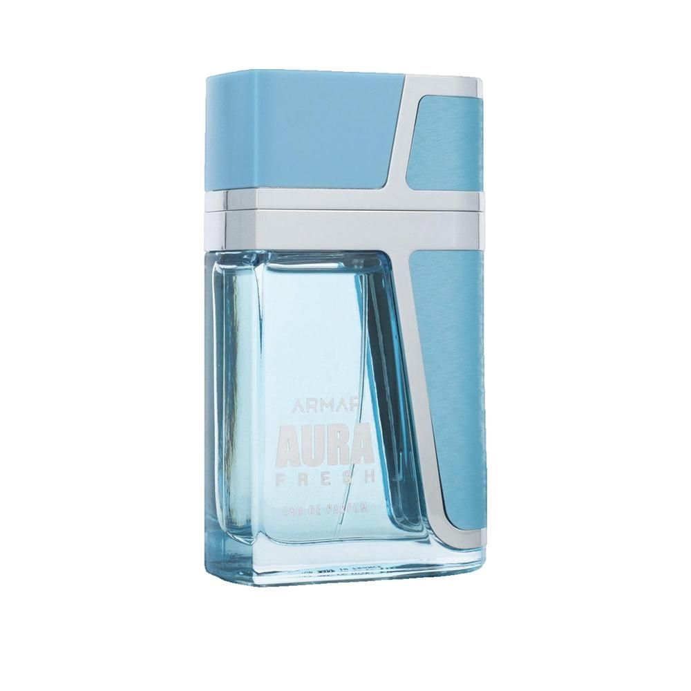 Lichtblauwe parfumfles met zilveren accenten. Opschrift: ARMAF AURA FRESH.