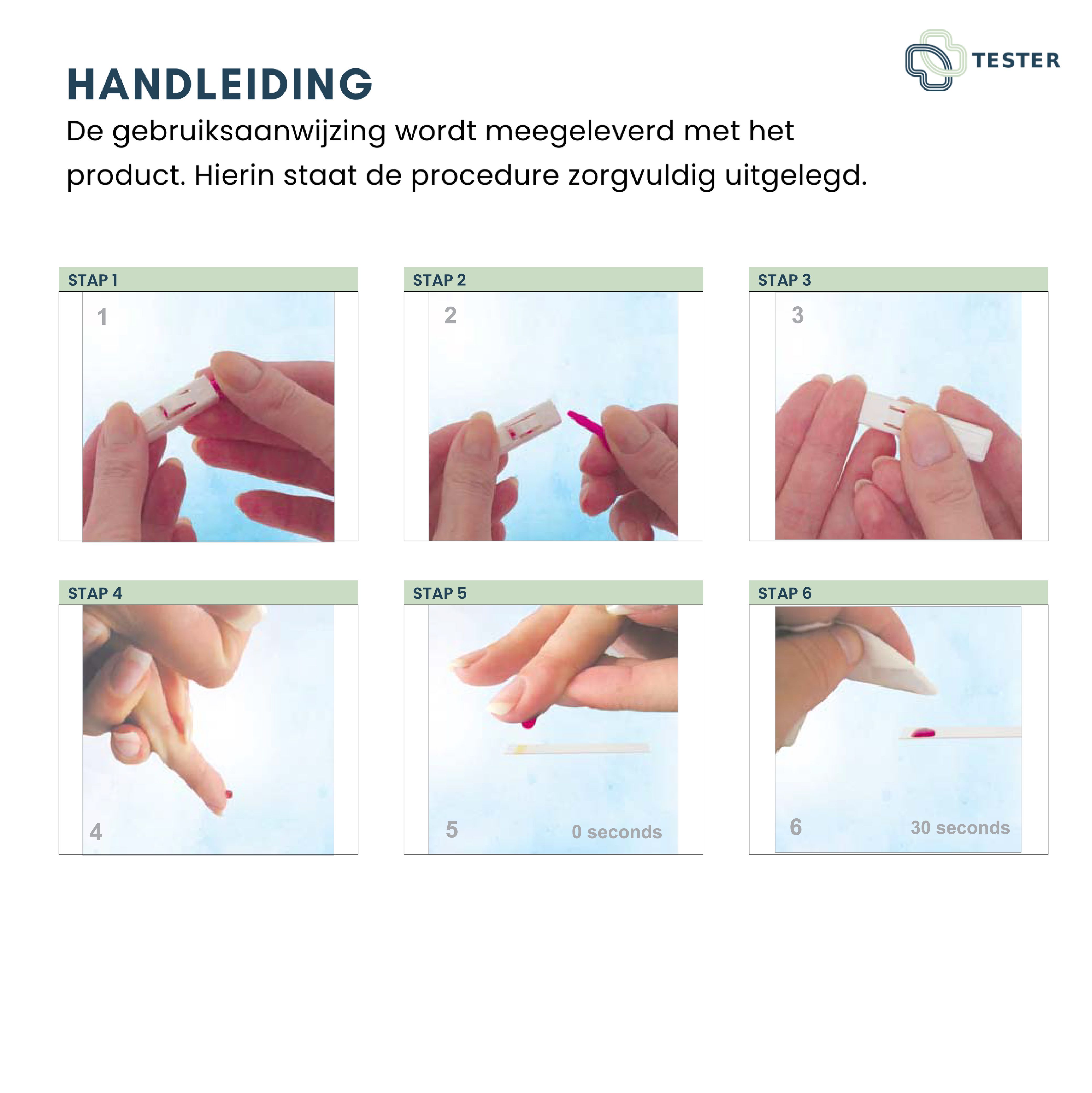 Instructions pour effectuer un test de diabète. Six étapes avec images : lancette, prélèvement sanguin, bandelette. Indications de temps : 0 et 30 secondes.