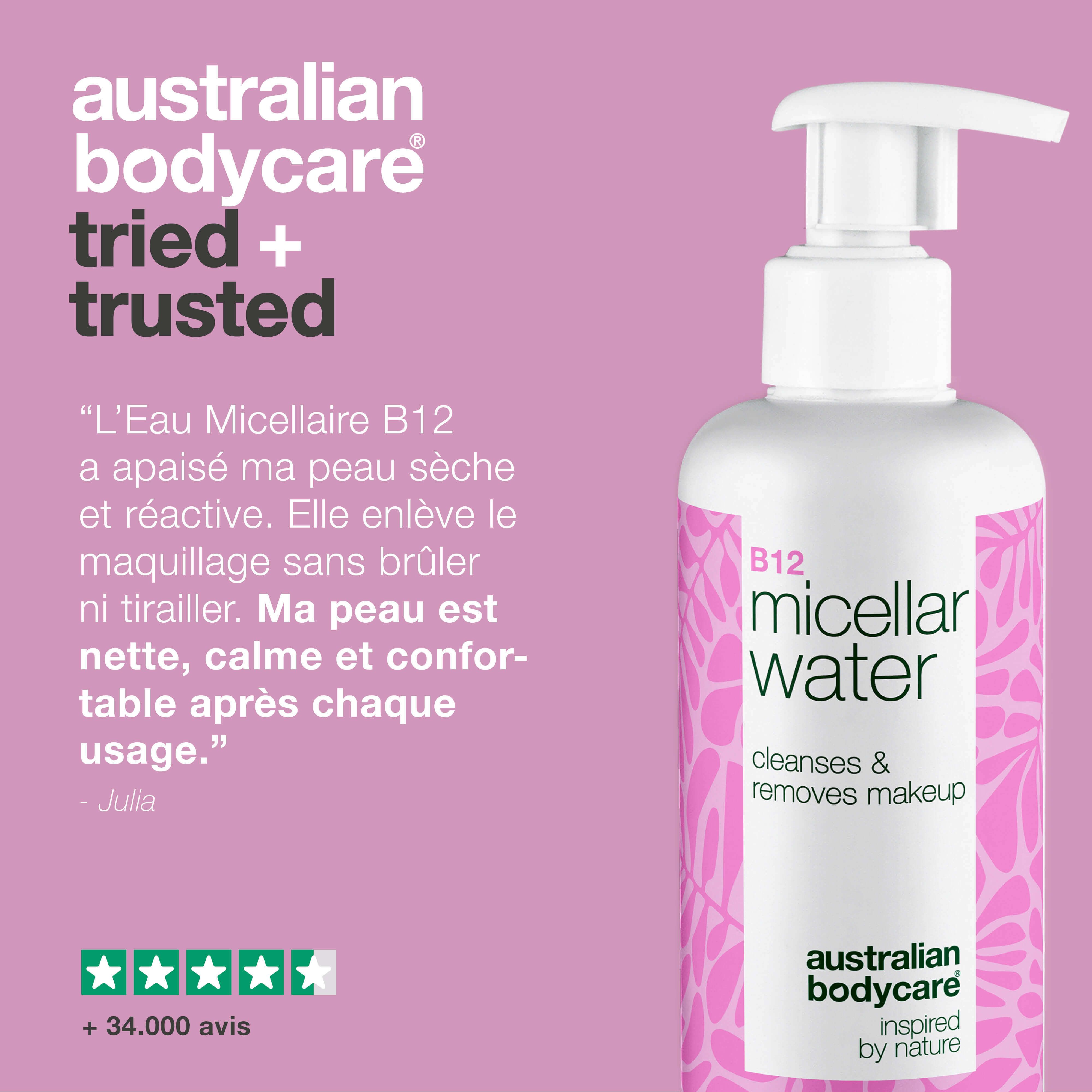 Flacon B12 Micellar Water. Citation : Apaise la peau sèche. Enlève le maquillage. Marque : Australian Bodycare.