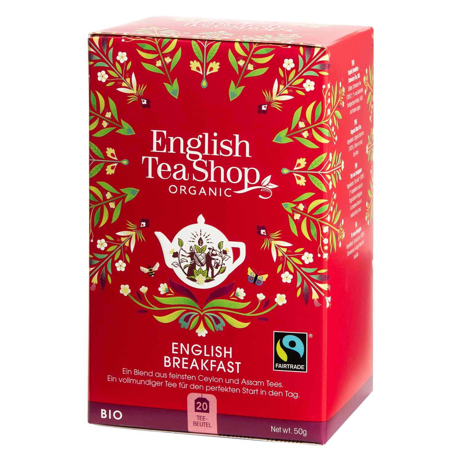 Rode verpakking met "English Tea Shop Organic" logo. "English Breakfast" tekst. Fairtrade-keurmerk. 20 zakjes, 50g.