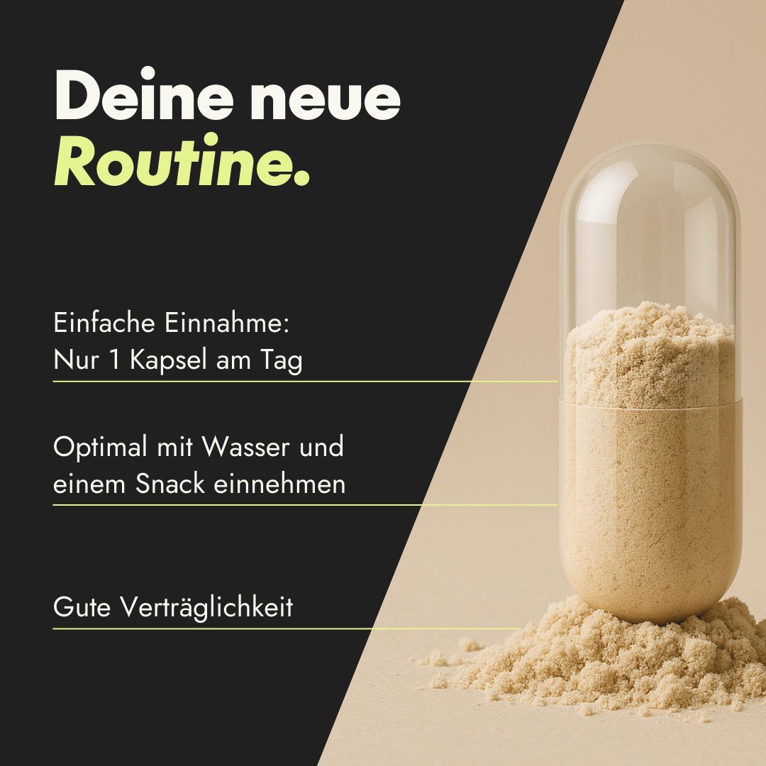 Open capsule met bruin poeder. Tekst: Gemakkelijk in te nemen: Slechts 1 capsule per dag. In te nemen met water en een snack.