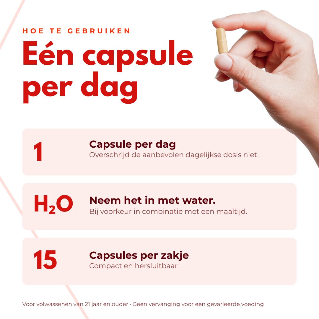Hoe te gebruiken: Eén capsule per dag, innemen met water.