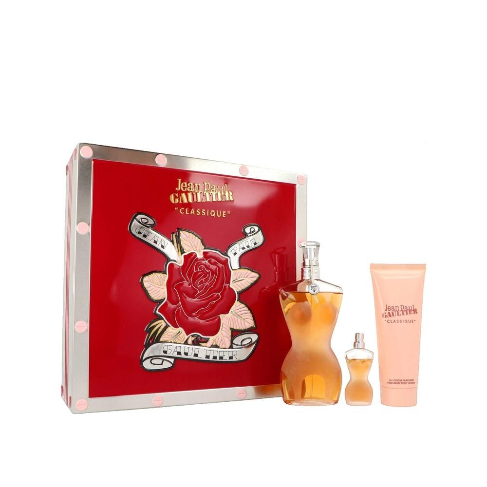 Geschenkset met rode doos, parfumfles, miniatuurfles en bodylotion. Opschrift: Jean Paul Gaultier Classique.