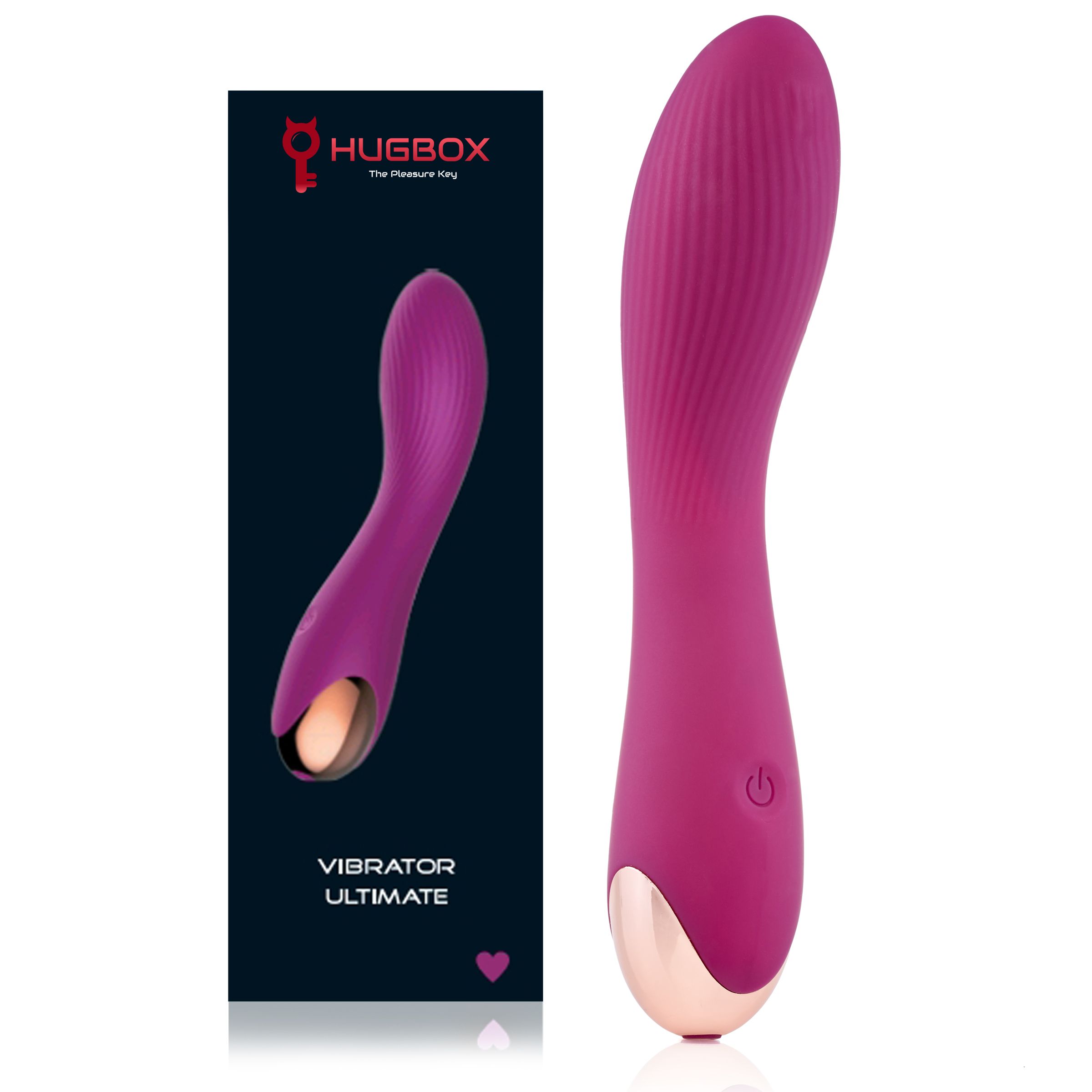 Magenta vibrator naast verpakking. Verpakking met productafbeelding en tekst: VIBRATOR ULTIMATE. Opschrift: HUGBOX The Pleasure Key.