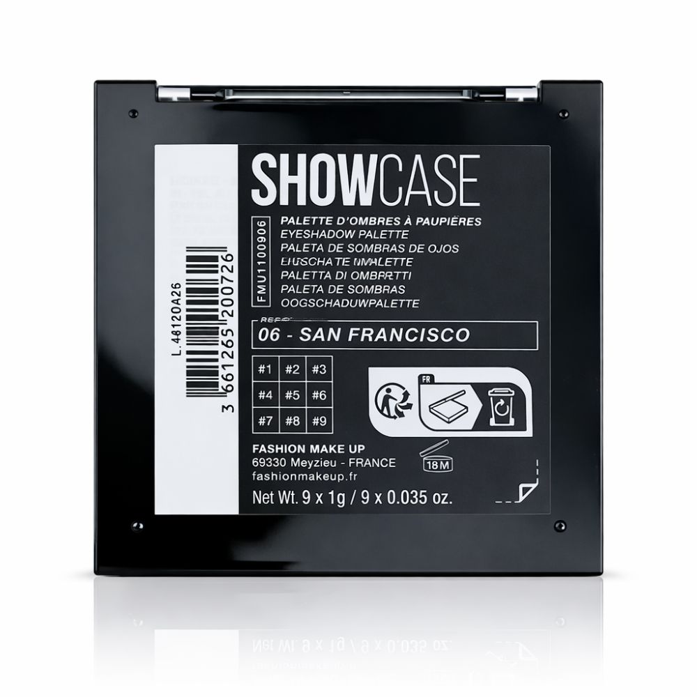 Zwart oogschaduwpalet met 9 kleuren, "SHOWCASE" en "SAN FRANCISCO" opschrift.