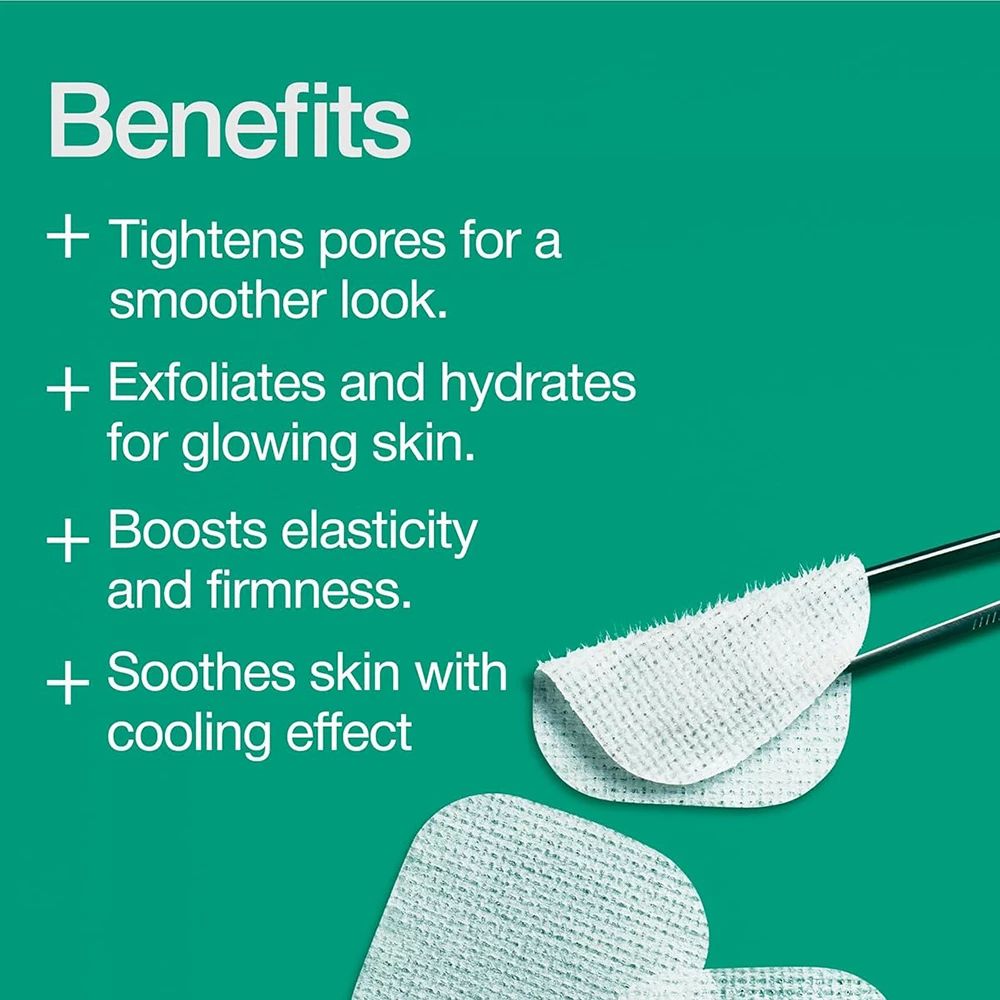 Tekst op groene achtergrond: Voordelen. Vier punten: poriën verstevigen, exfoliëren, elasticiteit, kalmerende werking. Pads.