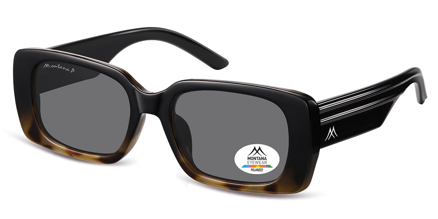 Lunettes de soleil avec monture marron et verres gris. Logo Montana Eyewear et autocollant Polarized.