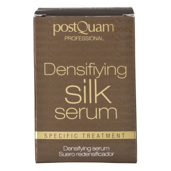 Emballage marron avec texte doré. Inscriptions: Postquam, Densifying Silk Serum, Specific Treatment.