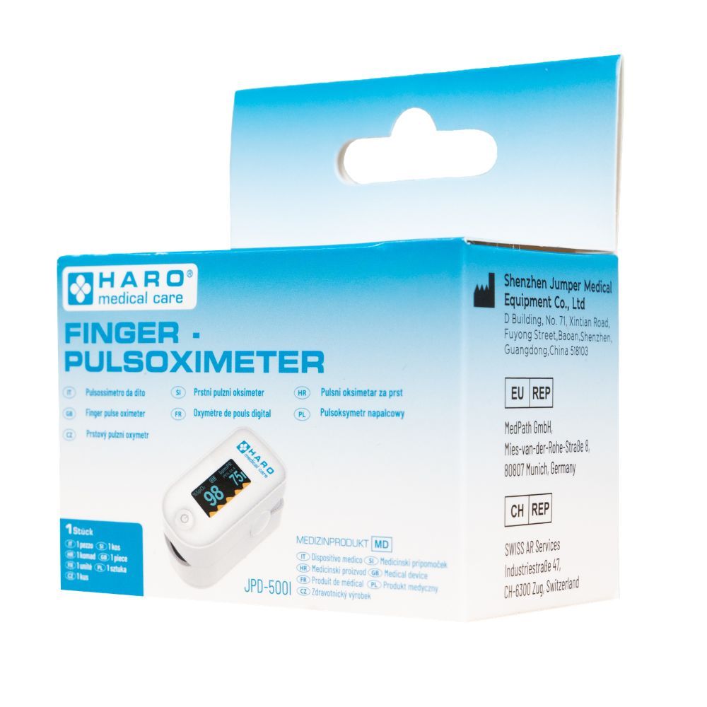 Verpakking met vingerpulsoximeter. Apparaat met display, toont waarden. Merk: HARO medical care.
