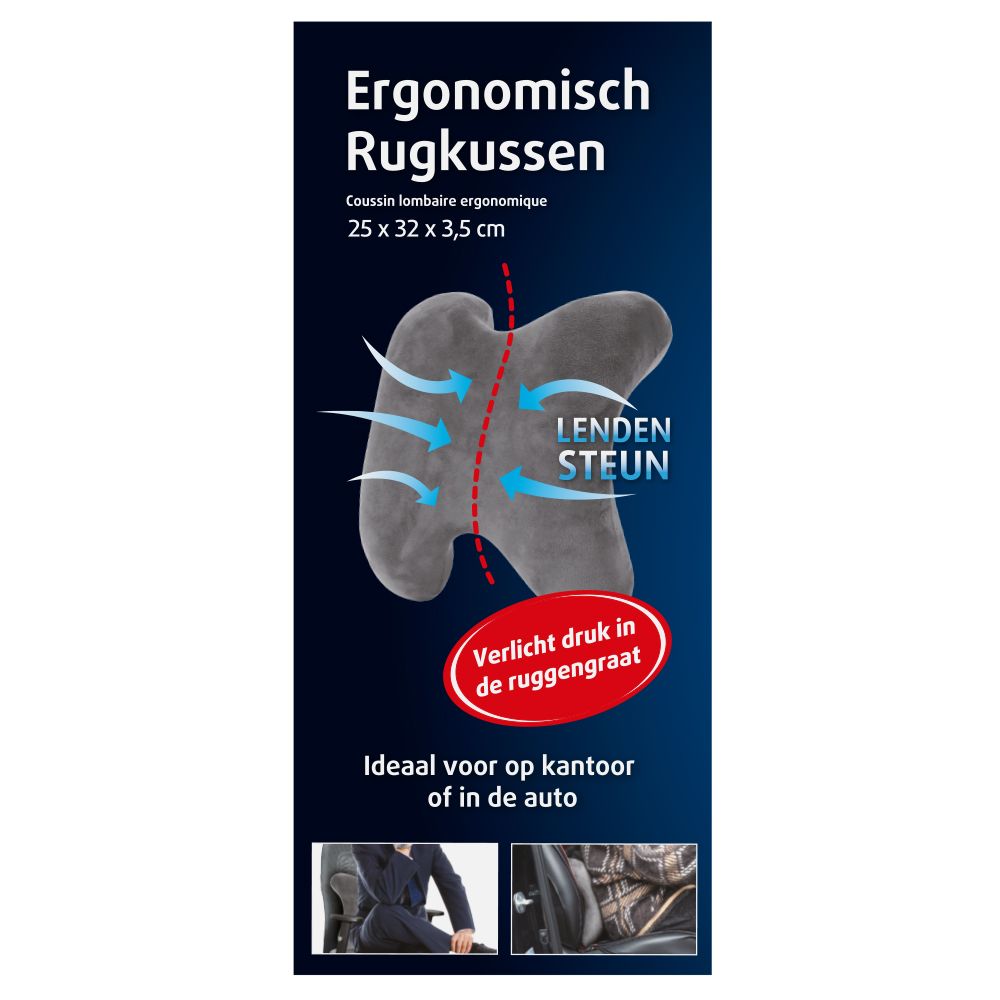 Coussin dorsal ergonomique gris. Dimensions : 25 x 32 x 3,5 cm. Texte : Lendensteun, Verlicht druk in de ruggengraat. Idéal pour bureau ou voiture.