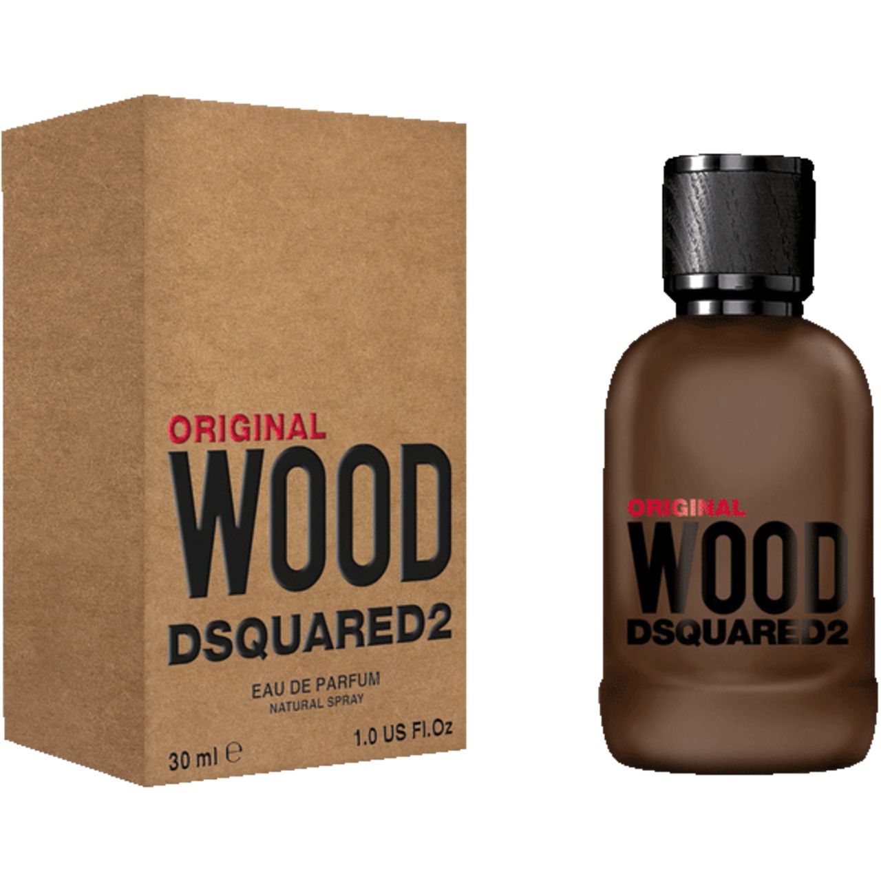Parfumfles en verpakking. Fles bruin, dop zwart. Verpakking bruin. Opschrift: Original Wood Dsquared2.