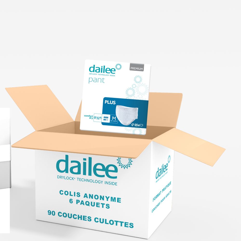 Boîte ouverte avec paquet Dailee Pants Plus. 90 Pants. Emballage anonyme. Fond blanc.