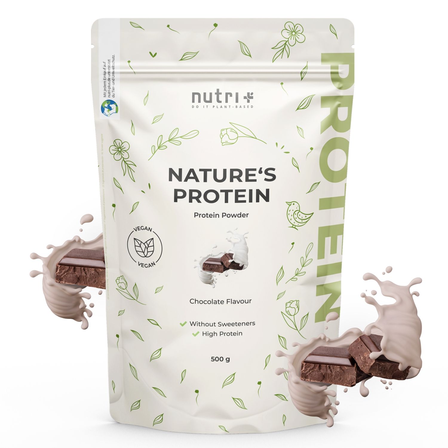 Verpakking van nutri+ Nature's Protein Powder. Toont chocoladesmaak, zonder zoetstoffen en hoog eiwitgehalte.