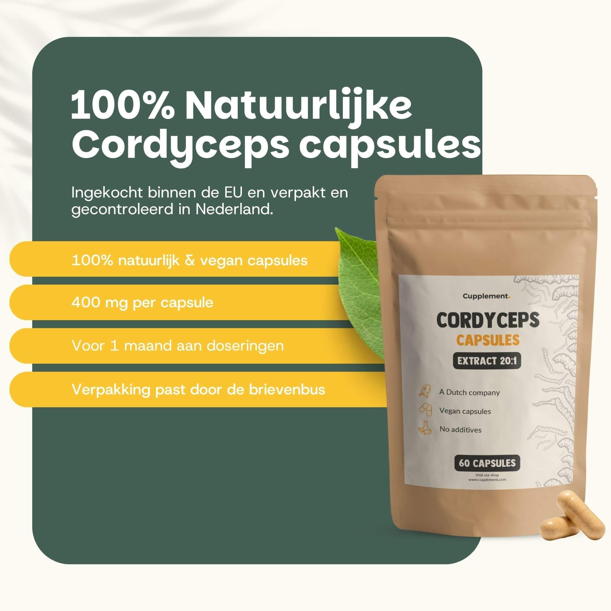 Zakje met Cordyceps capsules. Tekst: 100% natürliche Cordyceps-Kapseln. 400 mg per capsule. Voor 1 maand doseringen. 60 capsules.