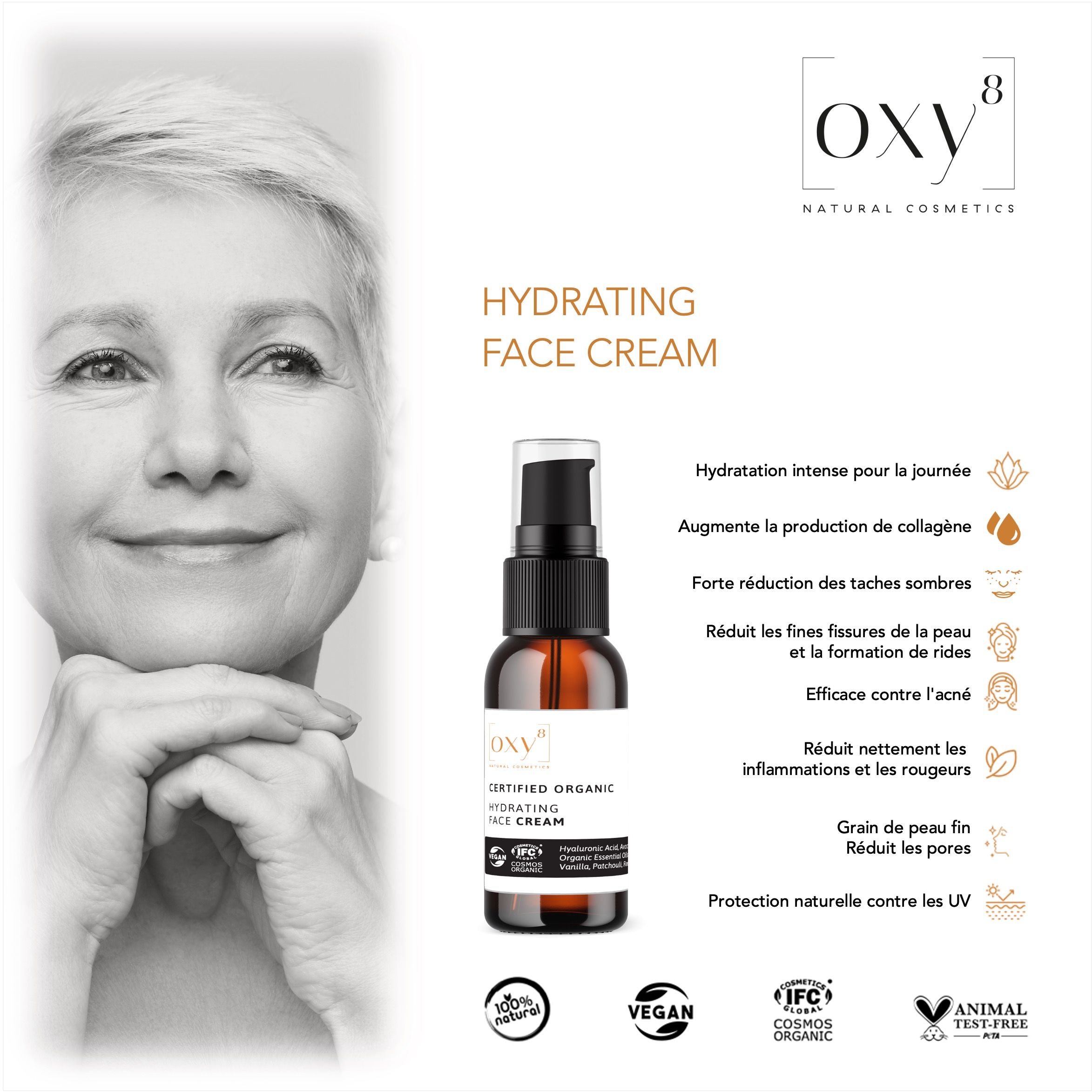 oxy8 Natural Cosmetics HYDRATING FACE CREAM  L'anti-âge. Réduit les rides & les taches de vieillesse
